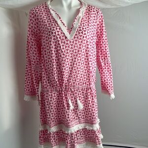 Bindu pink and white pattern v-neck drawstring waist dress or cover up